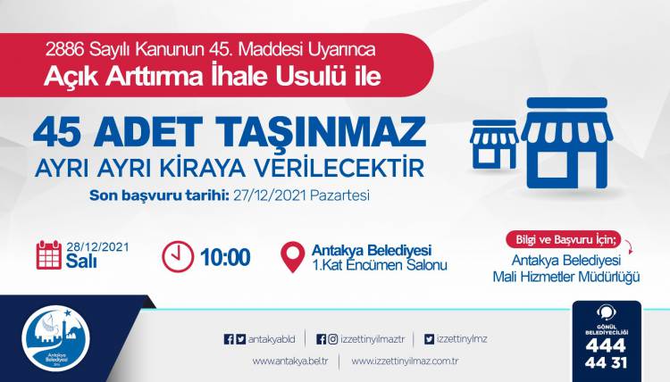 ANTAKYA BELEDİYESİ, MÜLKİYETİNDE BULUNAN 45 ADET TAŞINMAZI    AÇIK ARTIRMA İHALE USULÜ İLE KİRAYA VERECEK